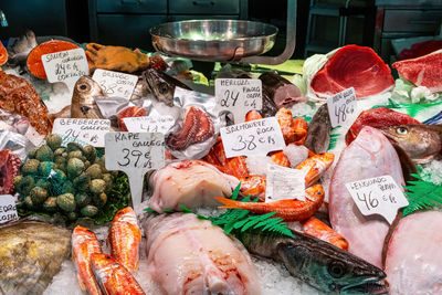 High angle view of seafood for sale at market stall