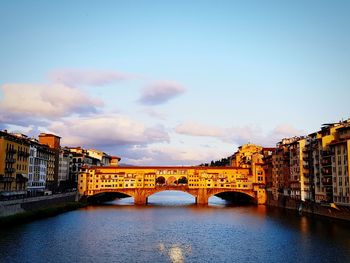 Bridge over river with buildings in background