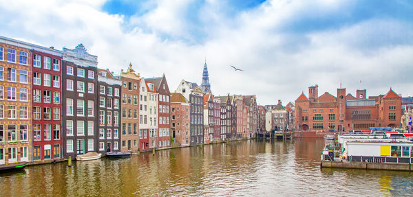 Buildings by river against sky in city