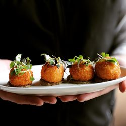 Person holding plate with cheese ball