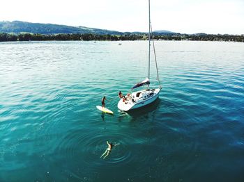 High angle view of boat in lake