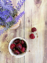 High angle view of strawberries on table