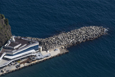 High angle view of buildings in sea