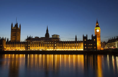 Reflection of clock tower in river at night