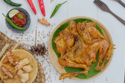 High angle view of meal served on table