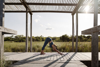 Side view of woman on wooden structure against sky