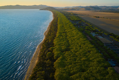 Aerial view of the marine coast between the town of albinia and tuscan talamone