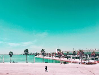 People on beach against blue sky