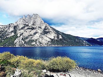 Scenic view of lake and mountains against sky