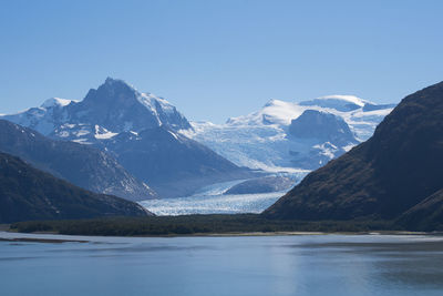 Scenic view of snowcapped mountains against clear blue sky