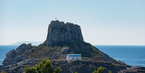 Blue white church on the small island of agios stefanos kefalos kos greece