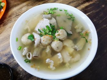 High angle view of soup in bowl on table