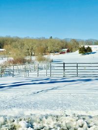 Scenic view of snow covered field against clear sky