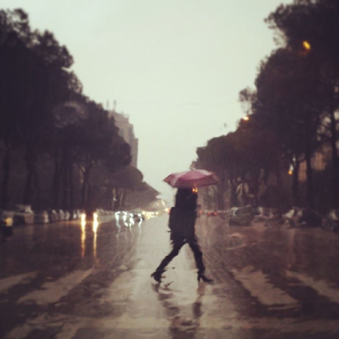 MAN STANDING ON WET ROAD IN RAIN