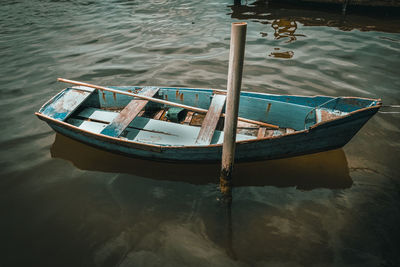 High angle view of fishing boats moored in sea