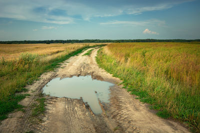 A large puddle on a rural sandy road through fields and blue sky