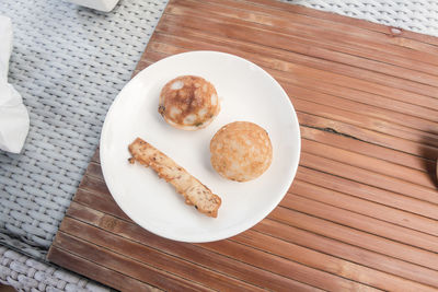 High angle view of breakfast served on table