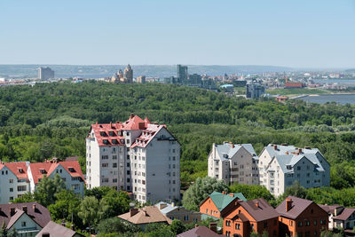 High angle view of townscape and buildings against sky