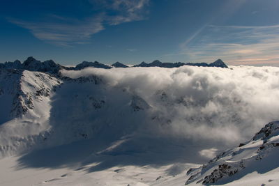 Scenic view of snow covered mountains against sky