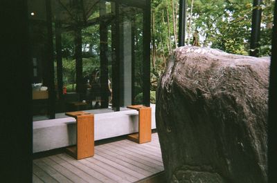 Close-up of empty bench on table in forest