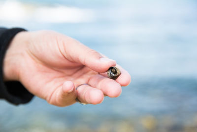 Close-up of hand holding ring over sea