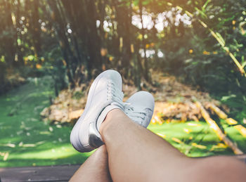 Low section of woman relaxing against trees