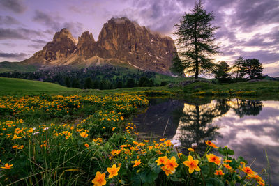 Scenic view of lake against cloudy sky