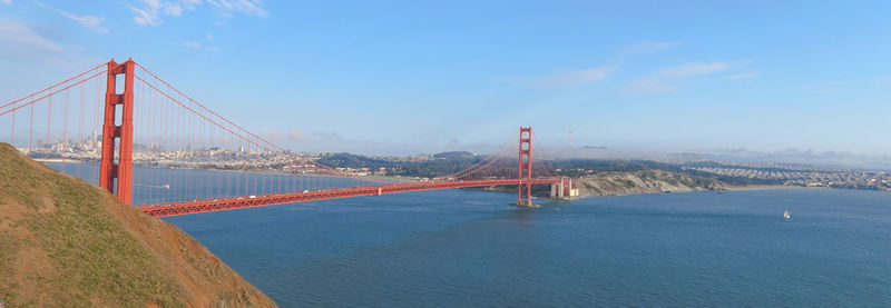 Suspension bridge over river with city in background