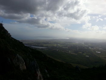 Aerial view of landscape against cloudy sky