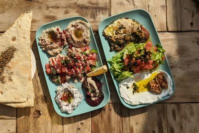 High angle view of food on table