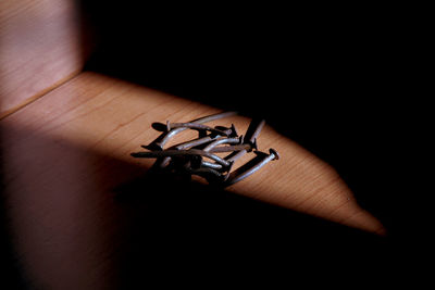 High angle view of person hand on wood