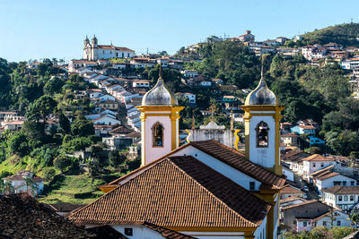 High angle view of townscape against sky in city