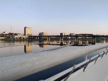 Reflection of buildings in river against clear sky