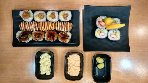 High angle view of sushi on table