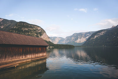 Scenic view of lake by mountains against sky