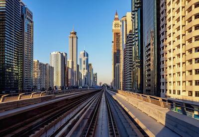 Railroad tracks in city against clear sky