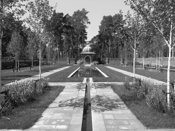 Footpath amidst trees in park against sky