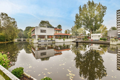 Houses by lake against sky