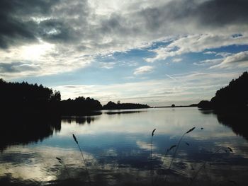 Scenic view of lake against cloudy sky