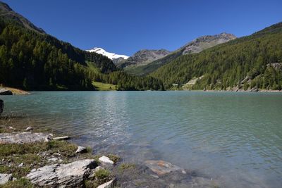 Scenic view of lake and mountains against clear sky