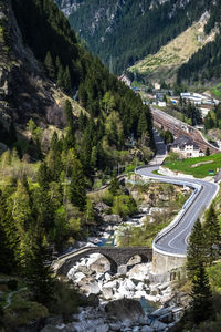 High angle view of road by mountain against sky