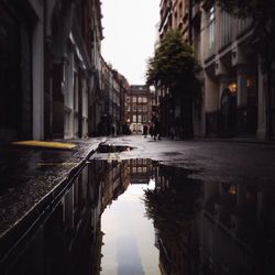 Reflection of buildings in puddle