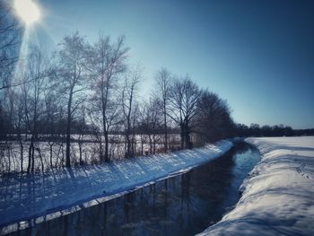 Frozen canal against sky during winter