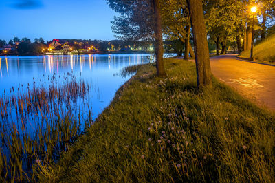 Scenic view of lake by trees against sky