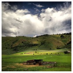 Scenic view of grassy field against cloudy sky