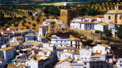 High angle view of buildings in town