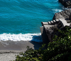 High angle view of sea against blue sky