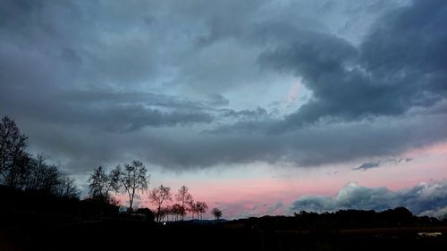 Silhouette of trees against cloudy sky