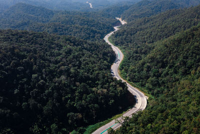 Long road curved in valley connecting countryside in the rainforest and the verdant hill forest 
