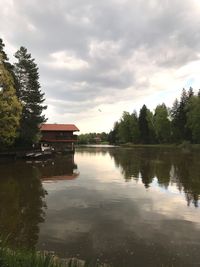 Scenic view of lake by building against sky